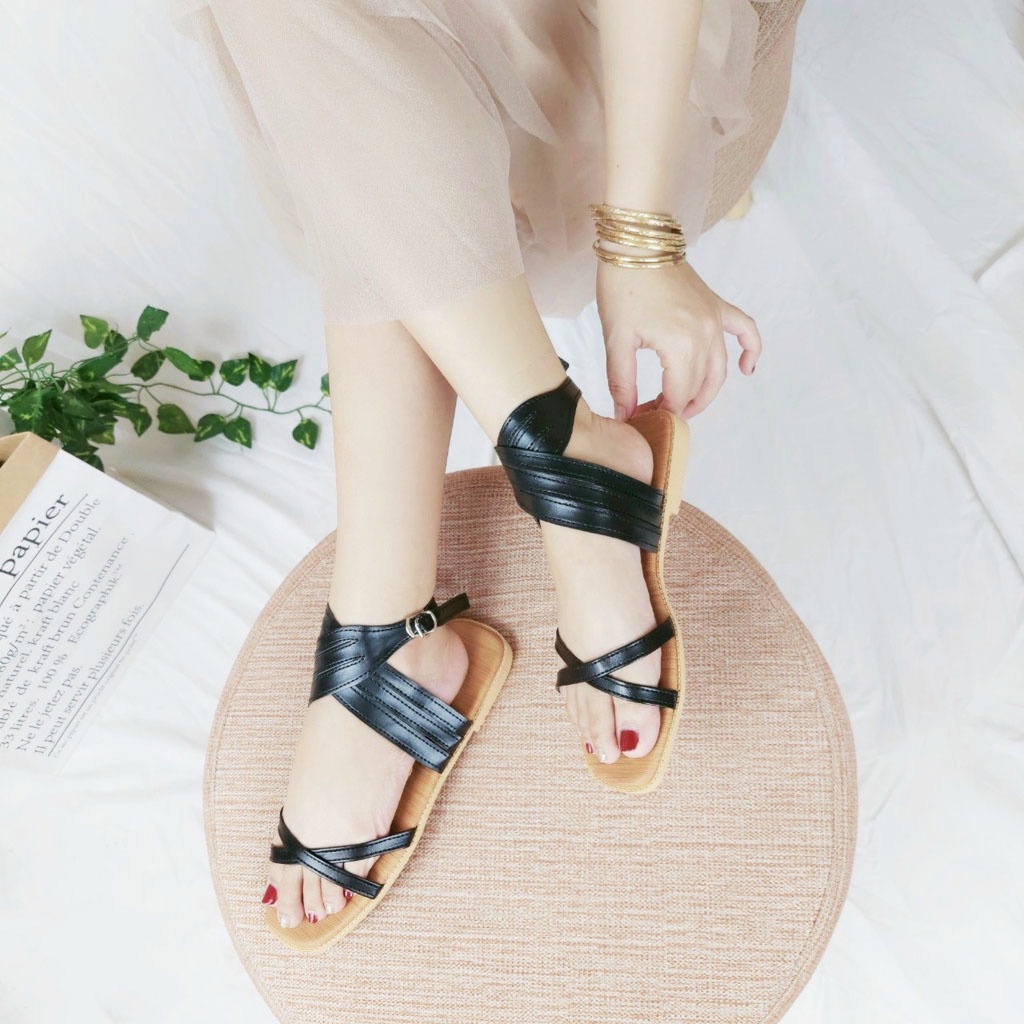 Sandal nữ đế bằng quai chéo phong cách hiện đại đi chơi đi biển