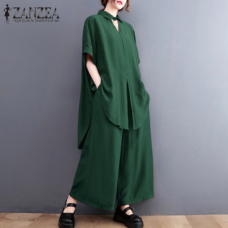 Set áo sơ mi tay ngắn và quần dài lưng thun ống rộng Zanzea phong cách retro cho nữ