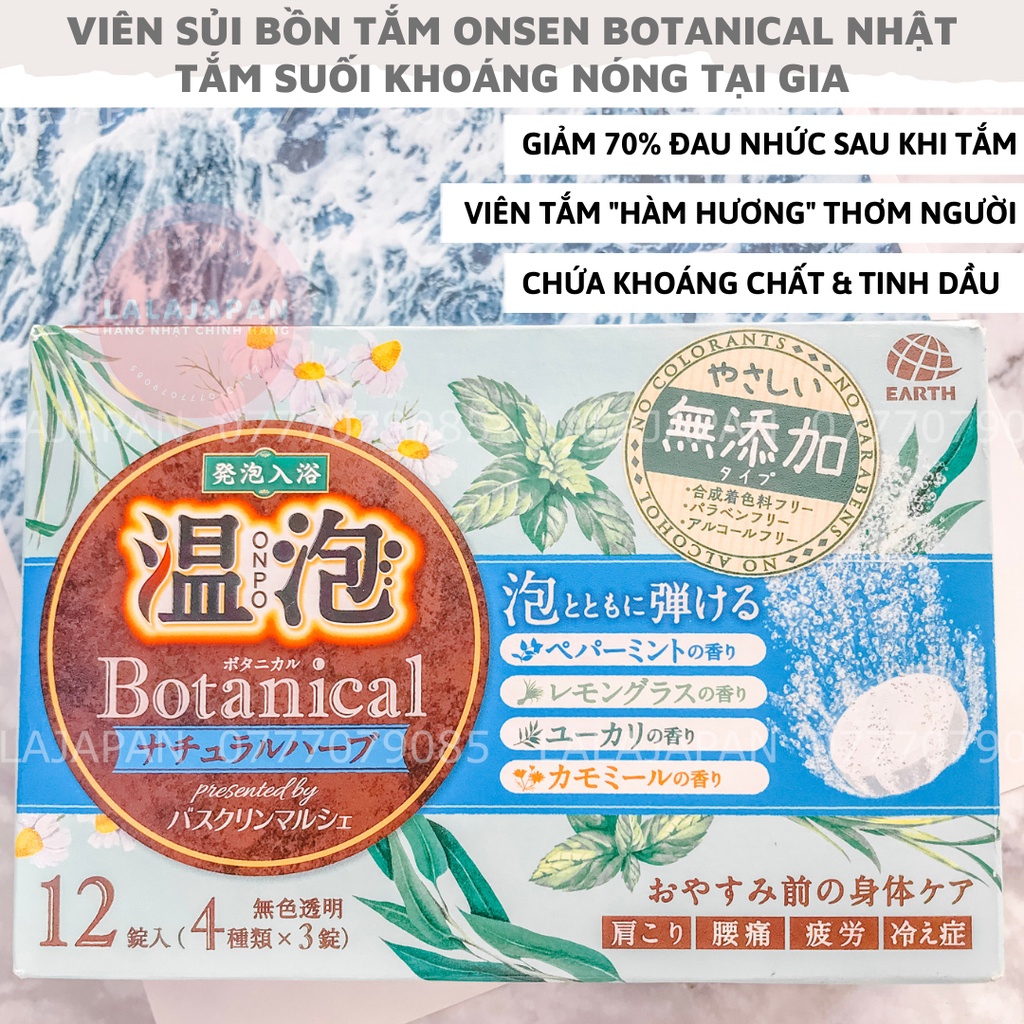 Viên sủi bồn tắm thảo mộc Onsen Botanical Nhật Bản giúp thơm người, muối tắm bồn dạng sủi 12 viên x 45g nhiều mùi