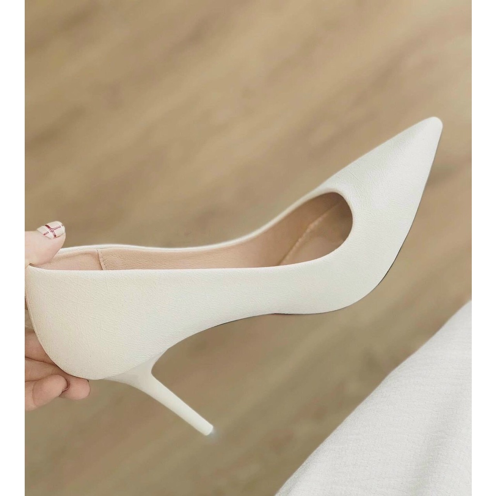 Giày cao gót da mịn da xước trơn gót đũa đơn giản - 7P