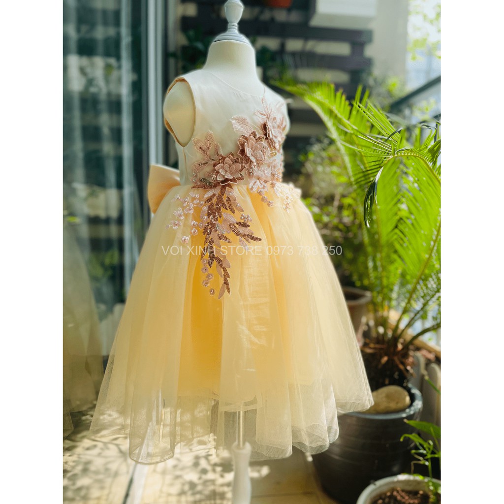 Váy công chúa, đầm công chúa thiết kế màu vàng đính hoa cực kỳ sang chảnh hót của VOI XINH STORE