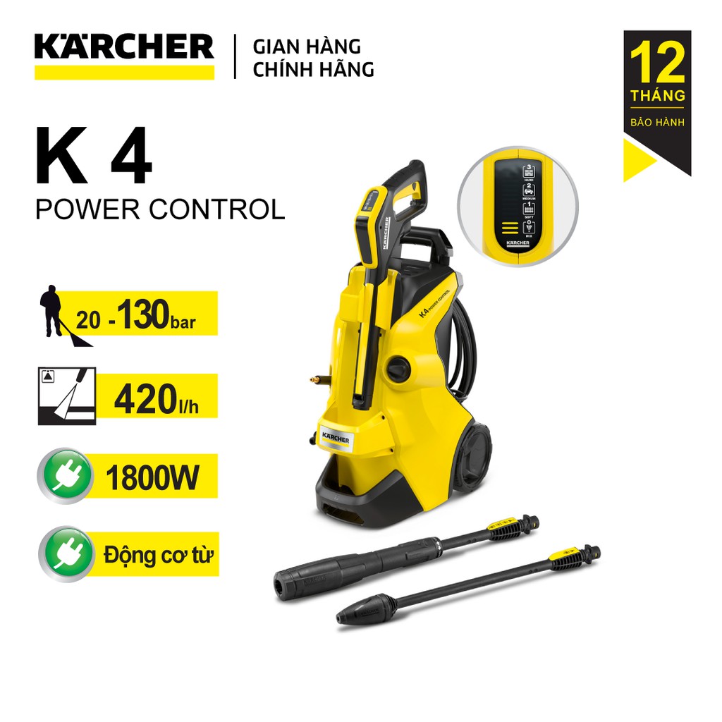 (Sản xuất Ý) Máy phun rửa áp lực cao Karcher K 4 Power Control động cơ từ, công suất 1800W và áp lực đến 130 bar