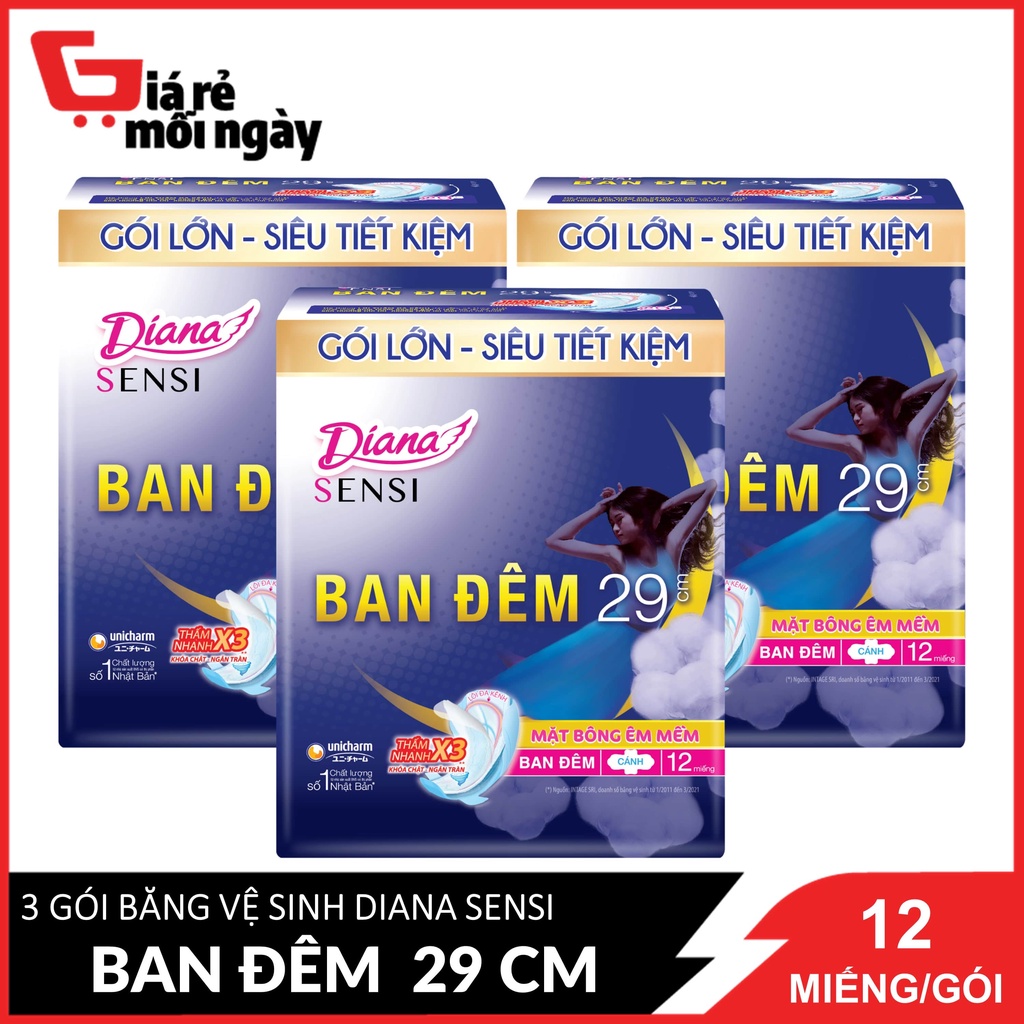 Combo 3 Gói Băng vệ sinh ban đêm Diana Sensi Ban Đêm có cánh 29cm 12 miếng