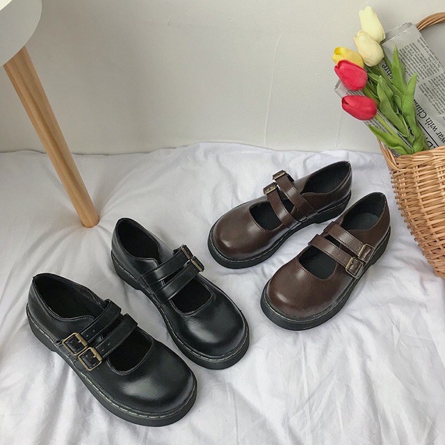 ulzzang Giày nữ ulzzang 2 quai da hàn quốc cao cấp đế vuông | BigBuy360 - bigbuy360.vn