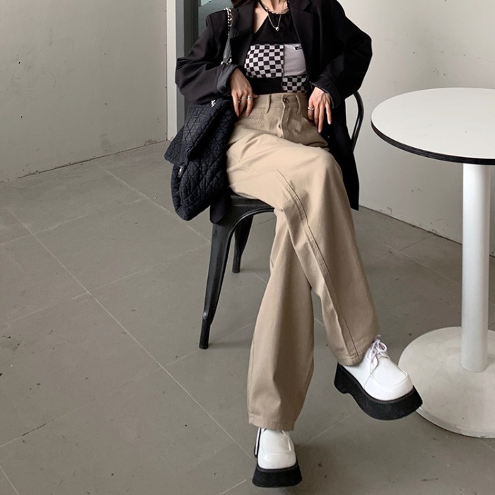 Xiaozhainv Quần jean nữ cạp cao ống rộng thời trang phong cách Hàn Quốc