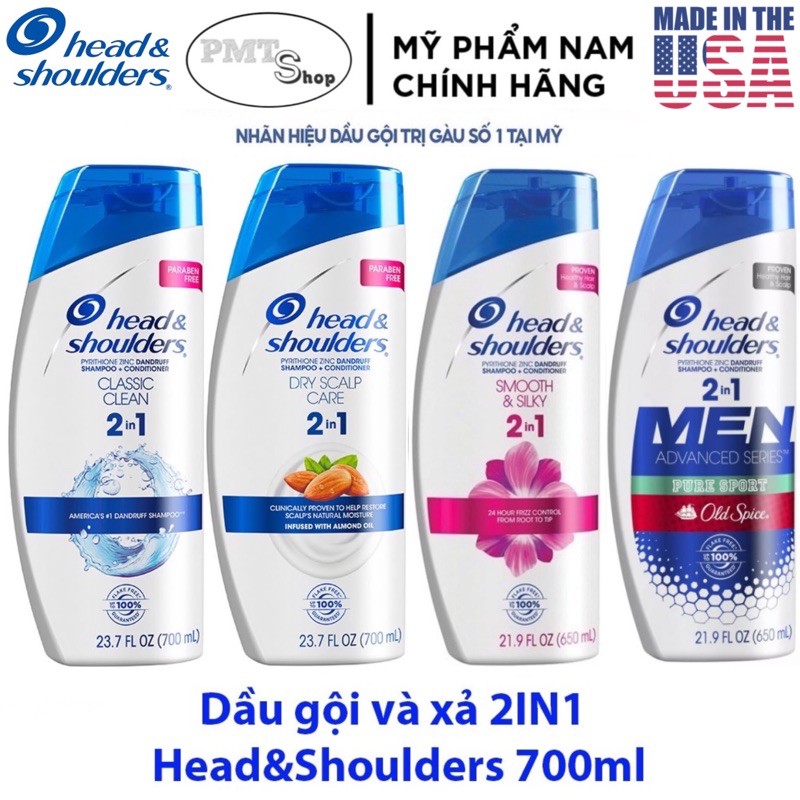 [USA] Dầu gội xả 2in1 Head & Shoulders Classic Dry Scalp Care Smooth & Silky Pure Sport 700ml 650ml sạch gàu - Mỹ