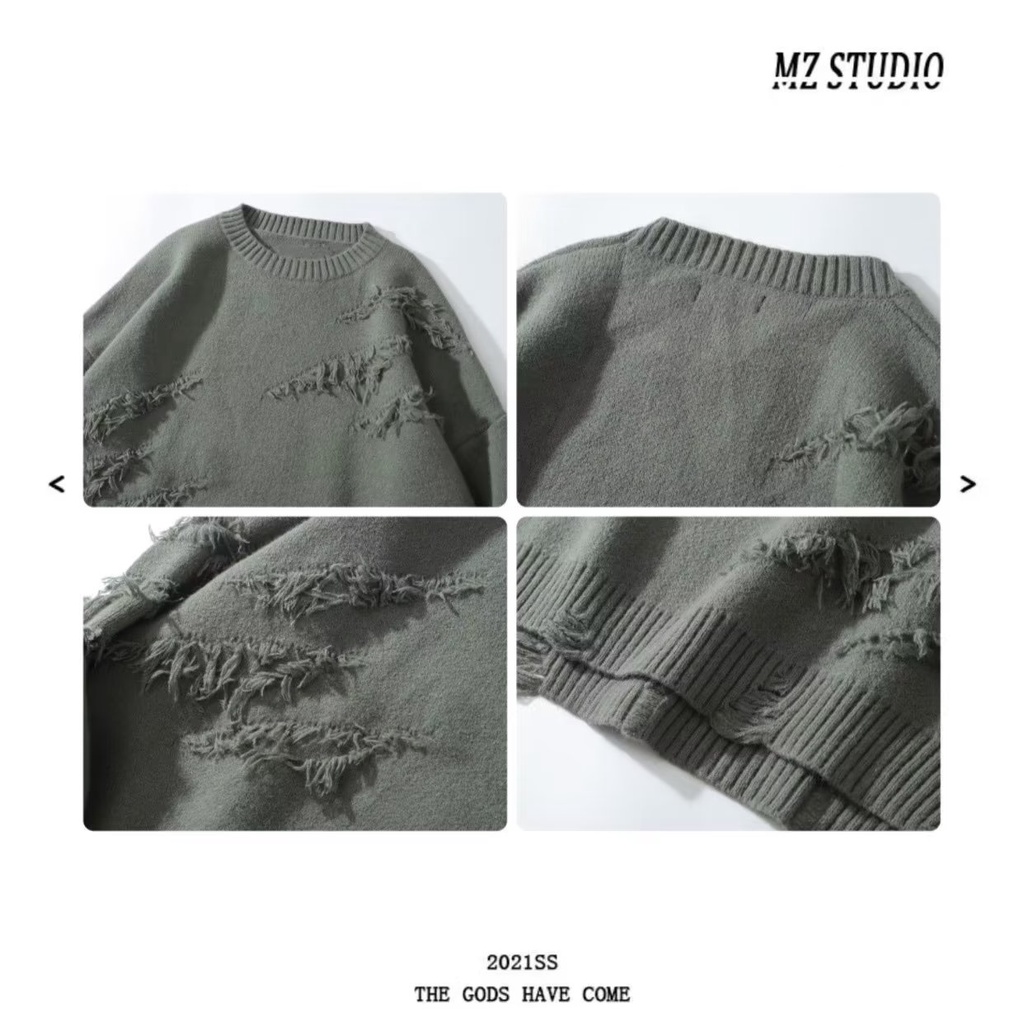 Áo Sweater Dệt Kim Tay Dài Cổ Tròn Màu Trơn Phối Rách Kiểu Đường Phố Hàn Quốc Thời Trang Cho Nam