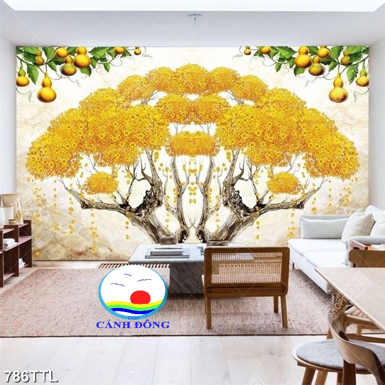 Decal dán tường cây kim tiền bầu hồ lô phong thủy rước lộc tài phú quý sang trọng in theo size yêu cầu trên nhiều chất l