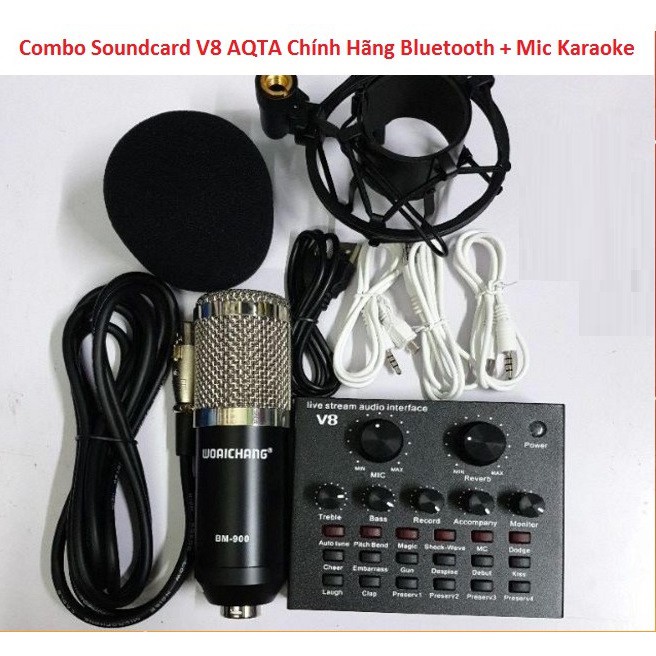 Combo Soundcard V8 AQTA Chính Hãng Bluetooth + Mic Karaoke Livetream BM 900, Có AutoTune Chuẩn Phòng Thu