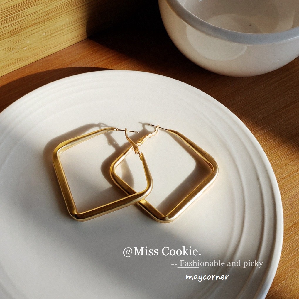 Khuyên tai hình học vuông vàng mạ bạc 925 cao cấp mã 1496