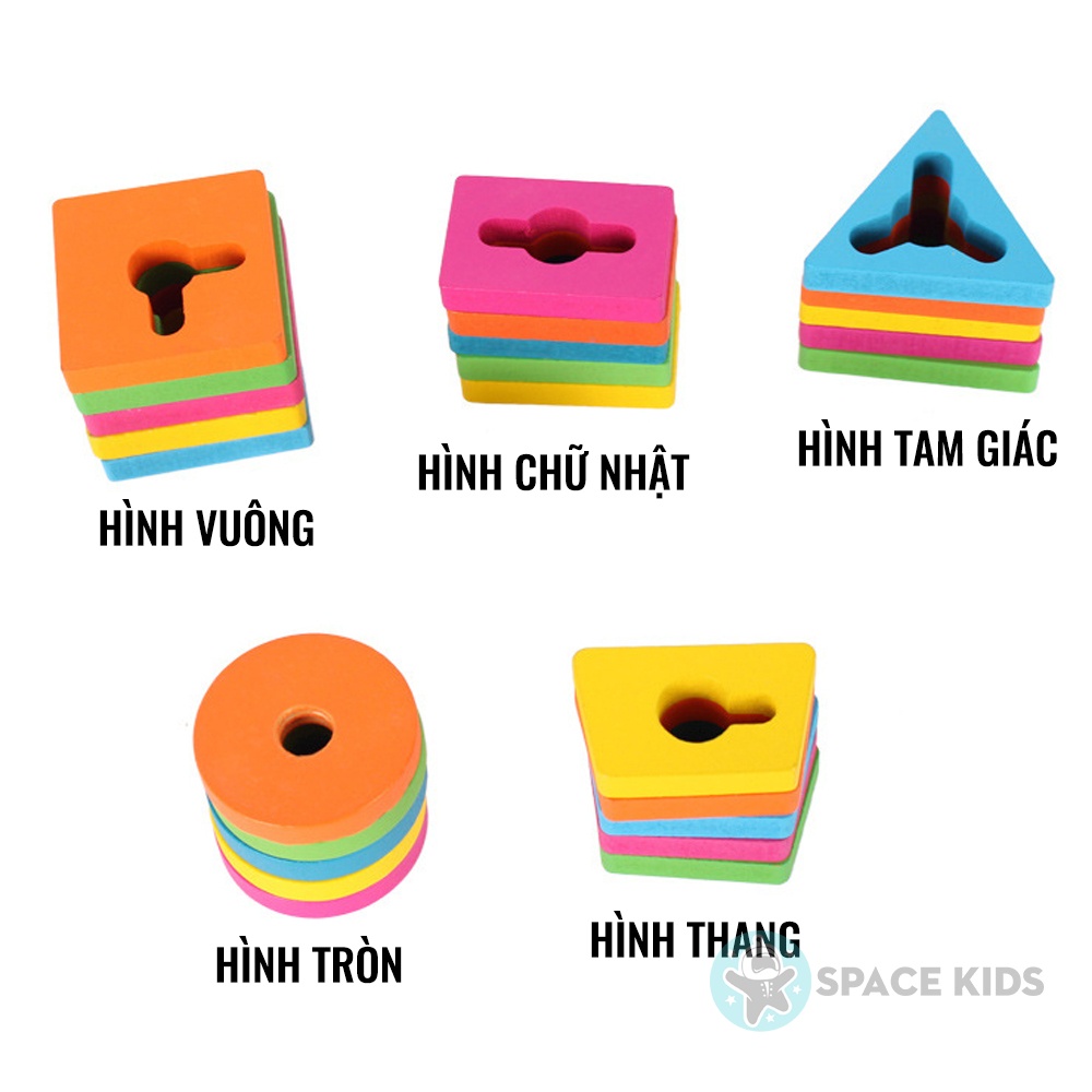 Đồ chơi gỗ thông minh Tháp thả hình khối 5 cột zigzag cho bé, Đồ chơi giáo dục montessori Space Kids