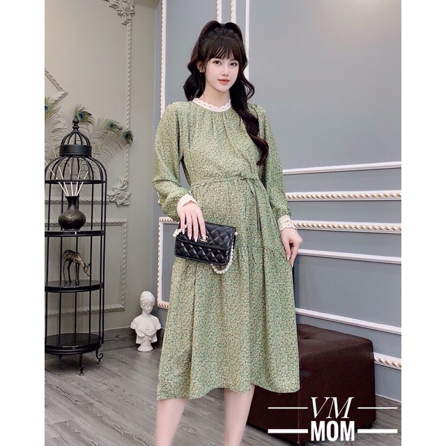 Váy bầu babydoll hoa nhí dài tay có dây rút eo thắt điều chỉnh