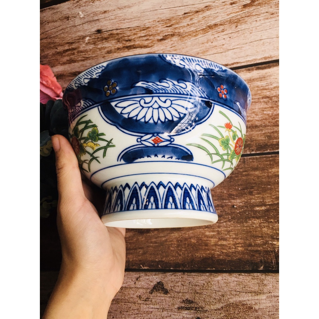 GỐM NHẬT - TÔ LAM VẼ HOA ĐẾ CAO VÀ ĐĨA DÂY NHO