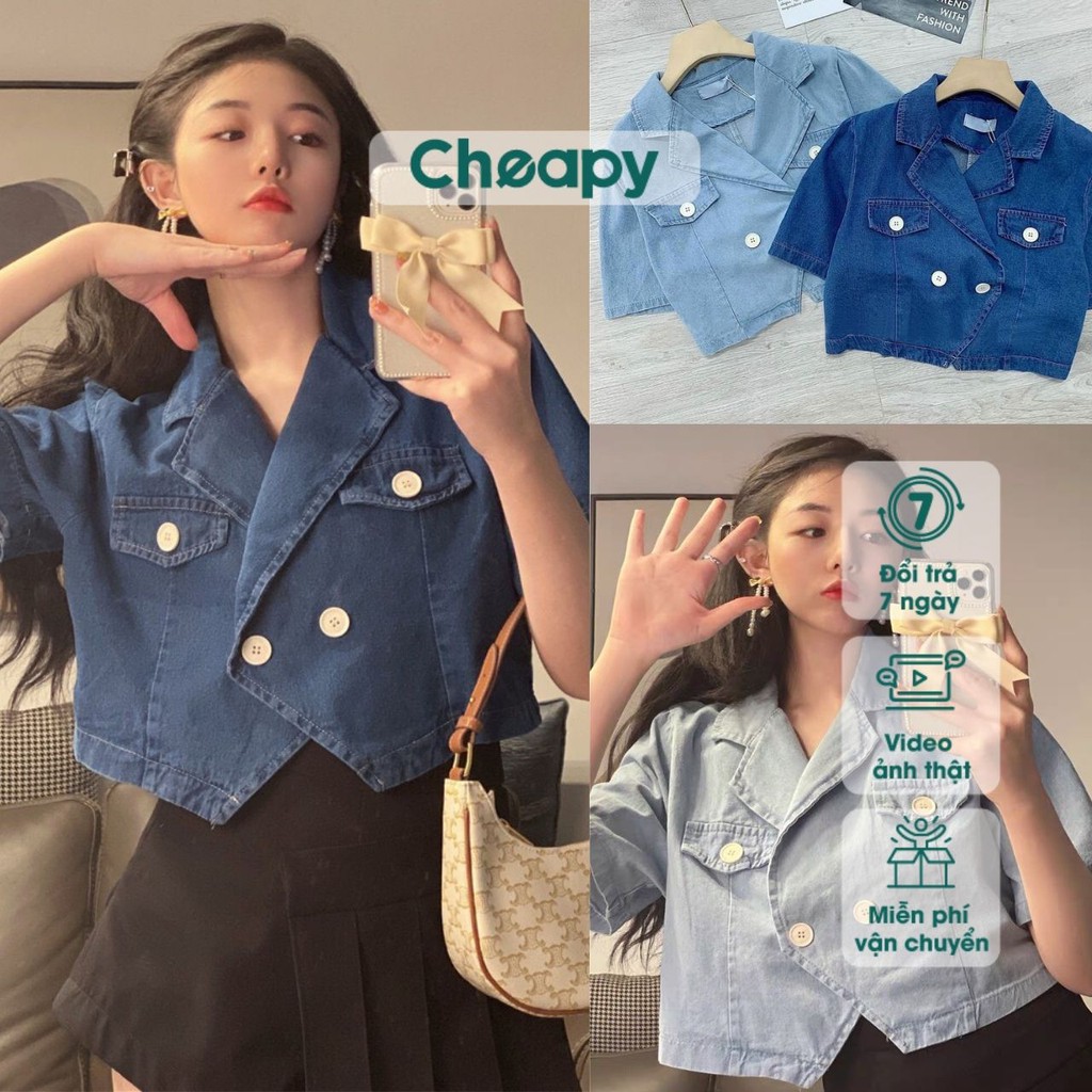 Áo croptop bò nữ tay lỡ jeans xanh hot trend khoác lửng freessize cài cúc form rộng sexy cá tính cheapy C466