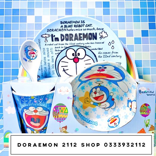 Combo chén dĩa ly muỗng nhựa cao cấp Doraemon