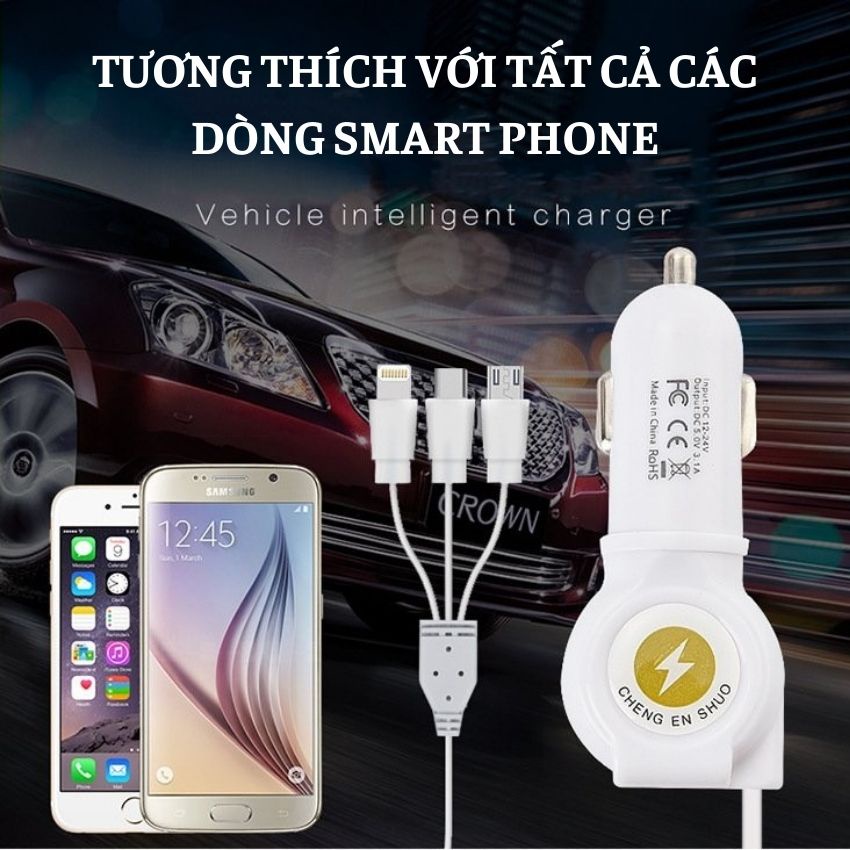 Tẩu Sạc Nhanh Ô Tô Chia 3 Cổng Usb 3.1a 1 Cổng Type-C Tích hợp Cáp Sạc Đa Năng