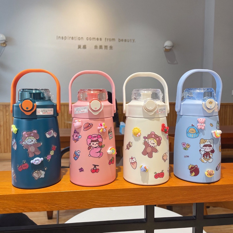 Bình giữ nhiệt 800ml có quai cao cấp kèm ống hút và sticker dễ thương