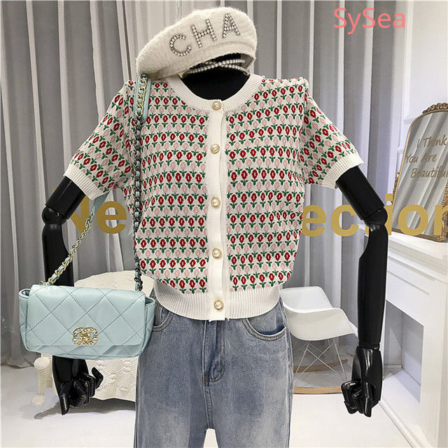 Áo Croptop Dệt Kim Tay Ngắn Mùa Hè Phối Khuy Ngọc Trai Thời Trang Dịu Dàng Cho Nữ