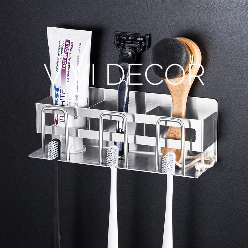 Kệ Đựng Tuýp Kem Đánh Răng , Bàn Chải INOXSUS304 Phay Xước Cao Cấp 3 Ngăn Dán Tường