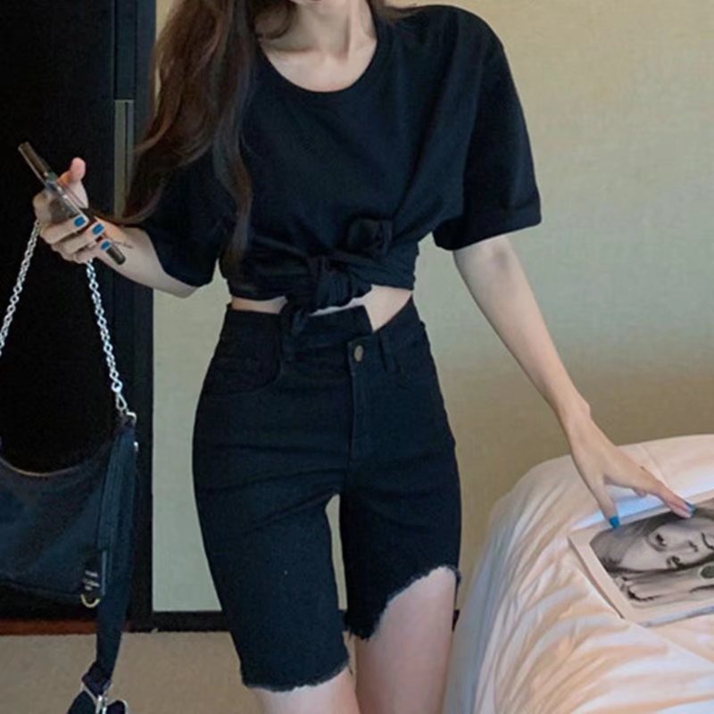 Quần Short Rách Lưng Cao Phong Cách Hàn Quốc Thời Trang Mùa Hè Cho Nữ
