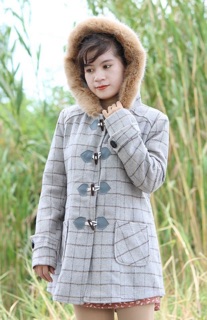 Áo khoác dạ nón lông kẻ ô