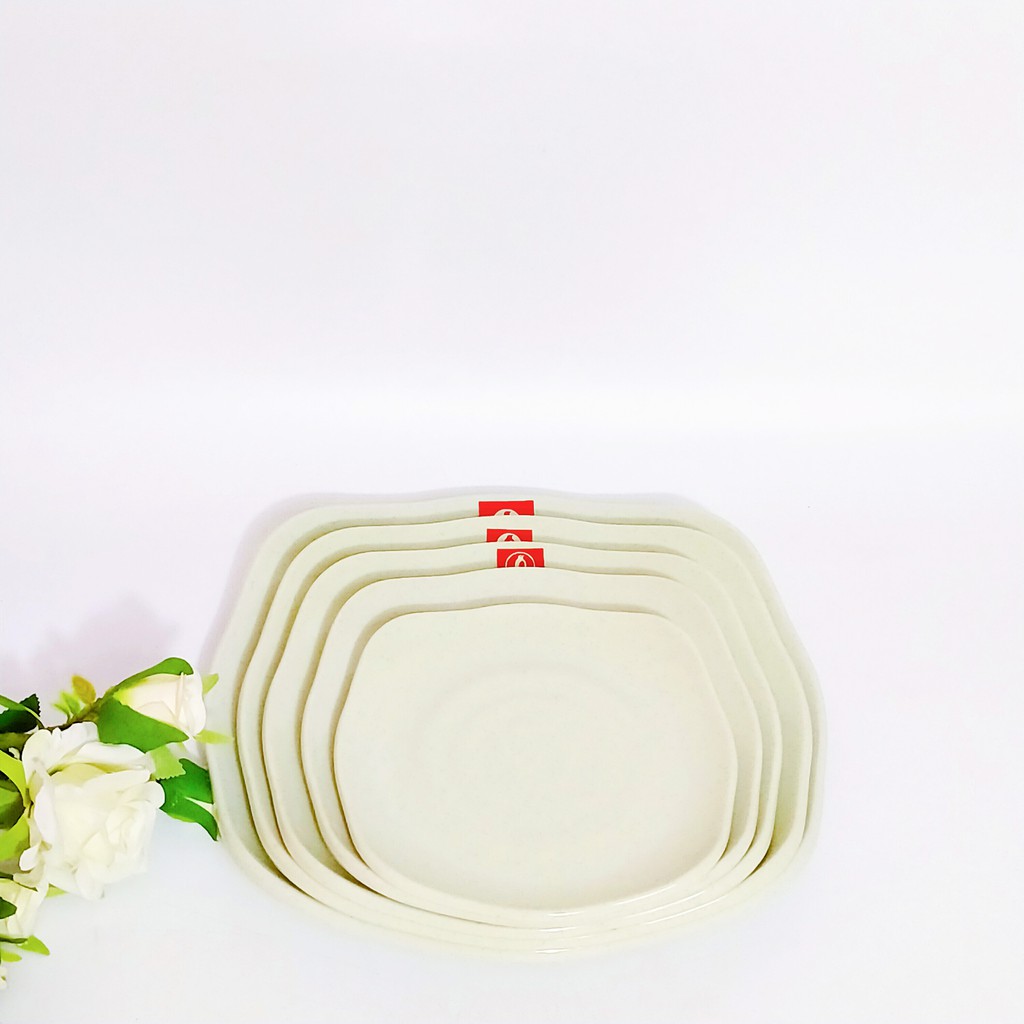 Bộ đĩa vuông tròn có vân  SUPERWARE Nhựa phíp 100% melamine Xanh đá - Green Stone