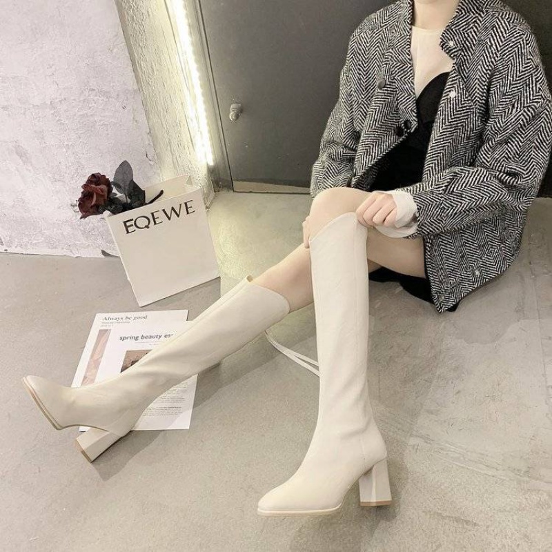 Knight boots for children2021New Internet Celebrity Soft Leather White Autumn and Winter below the Knee plus Velvet High Boots