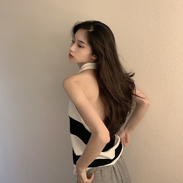 Áo Dệt Kim Cổ Yếm Dáng Rộng Kẻ Sọc Trắng Đen Thời Trang