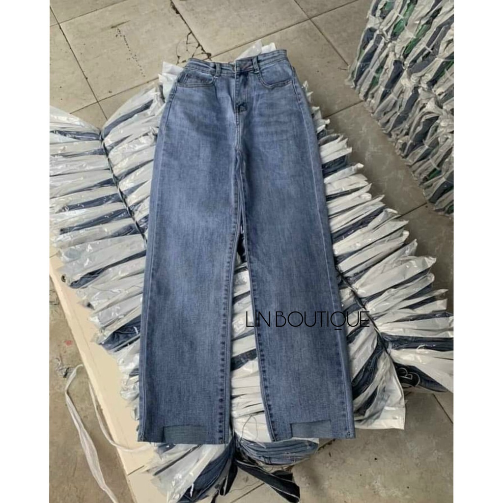 Quần jean ống đứng xé lai kiểu vuông