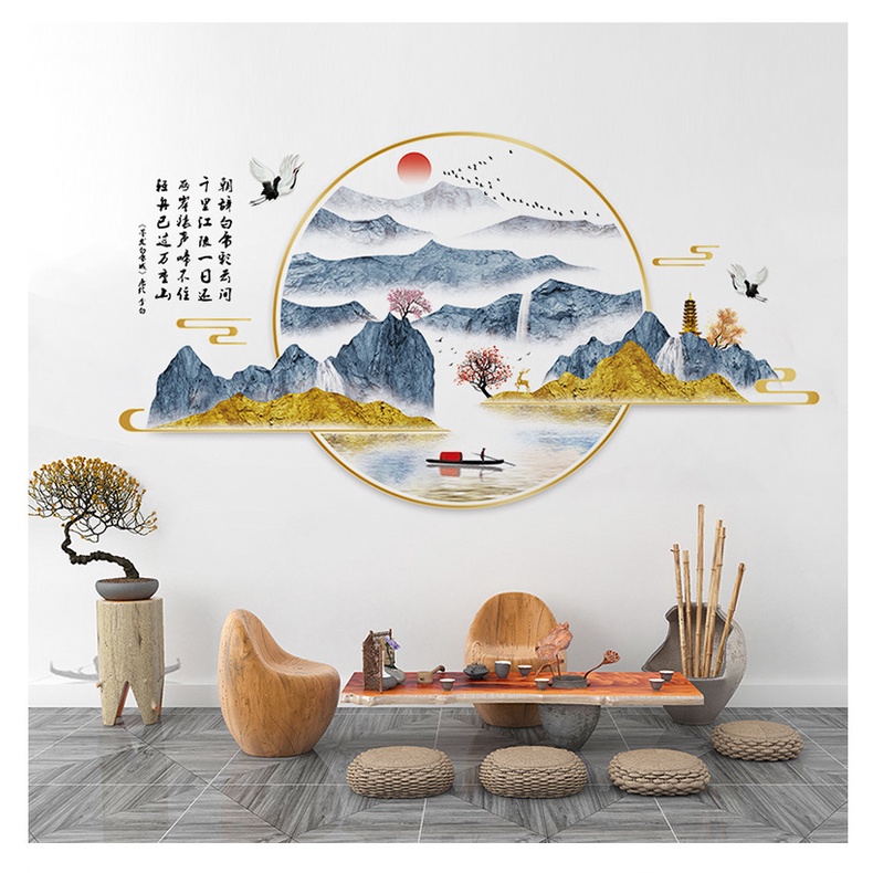 Decal dán tường Phong thủy , sơn thủy núi non 3D trang trí phòng khách, phòng ngủ
