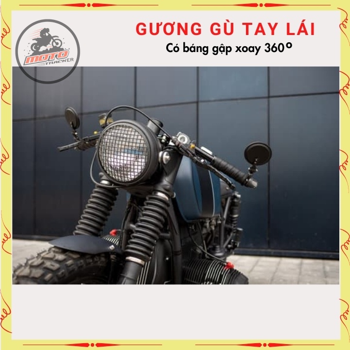 Gương gù tay lái, kính gù tròn cao cấp, có báng gập xoay 360, gương xe máy độ CAFE RACER