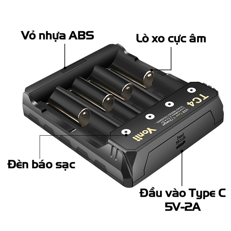 Sạc 4 Khe Yonii TC4 Sạc Pin Li-ion 3.7V Đầu Vào USB Type C