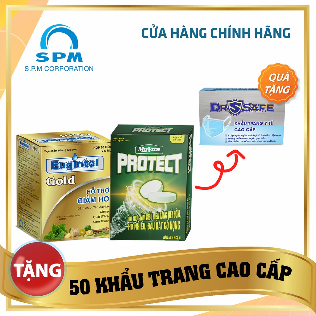 Combo GIẢM HO, Sát trùng đường hô hấp 1 hộp viên ngậm thảo dược MyVita Protect & 1 hộp siro ho Eugintol Gold