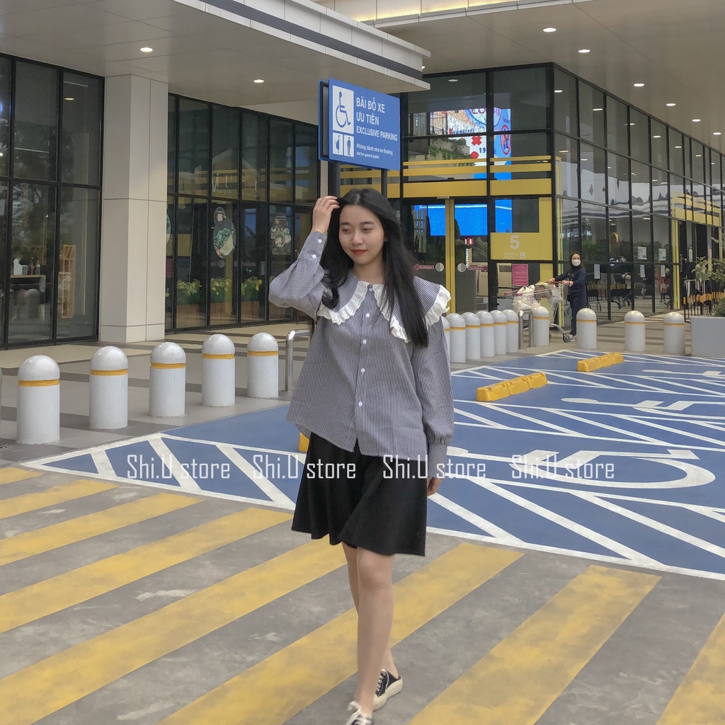 Áo sơ mi nữ dài tay cổ bèo ren tay bồng dáng rộng phong cách tiểu thư ulzzang 2 màu | BigBuy360 - bigbuy360.vn