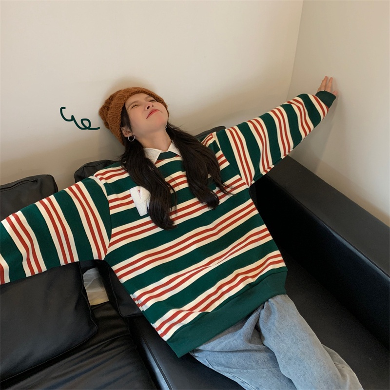 Áo Hoodie Dáng Rộng Cổ Tròn Họa Tiết Kẻ Sọc Màu Sắc Tương Phản Phong Cách Cổ Điển Thời Trang Mùa Thu