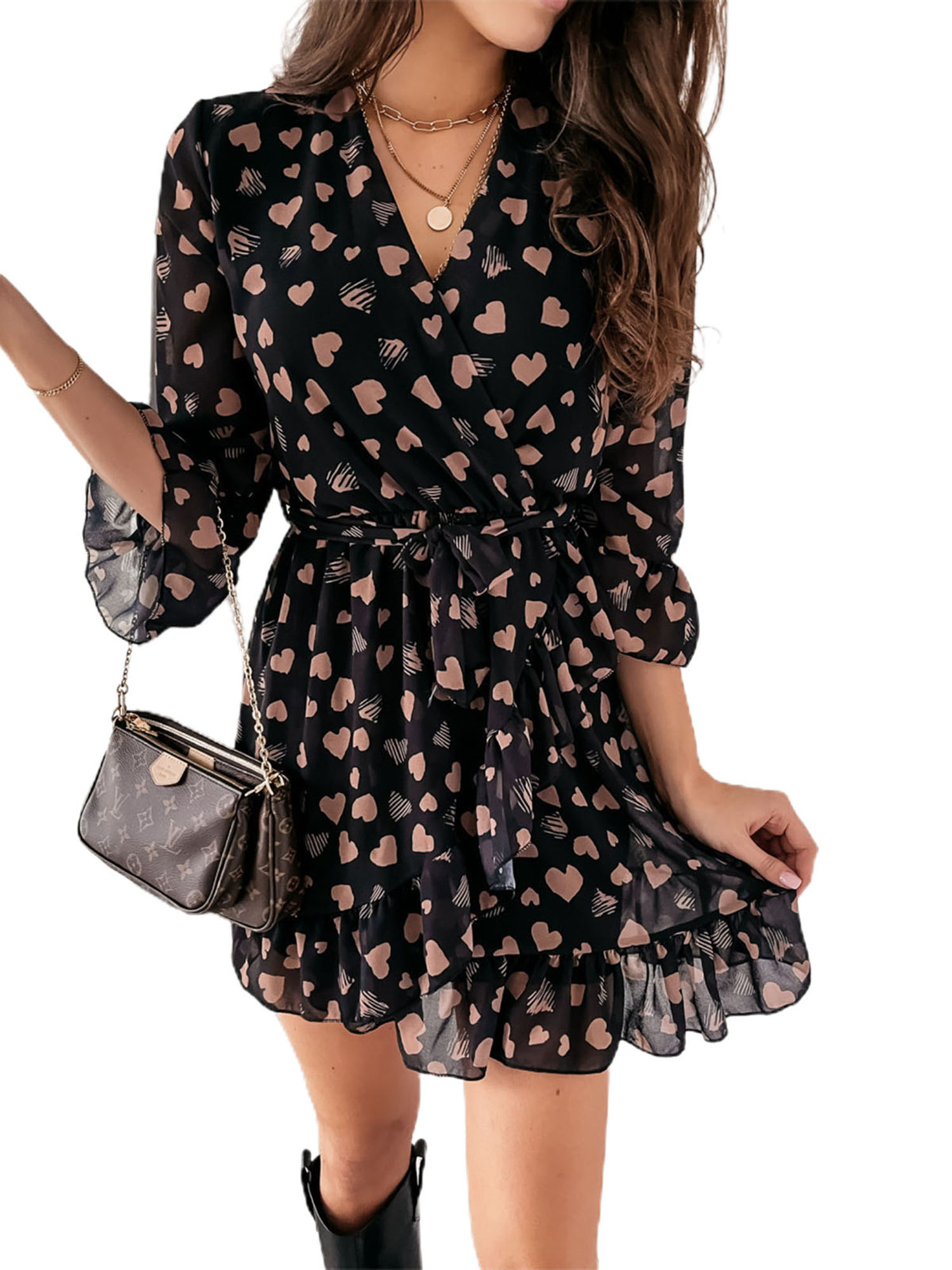 SOO-Women Casual Half Sleeves Dress, Heart Printed Pattern V-neck Ruffled Hem One-piece, Black/ White | BigBuy360 - bigbuy360.vn
