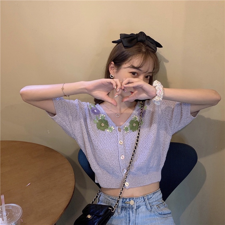 SUXI Áo Dệt Kim Tay Ngắn Phong Cách Vintage Thời Trang Mùa Hè Cho Nữ