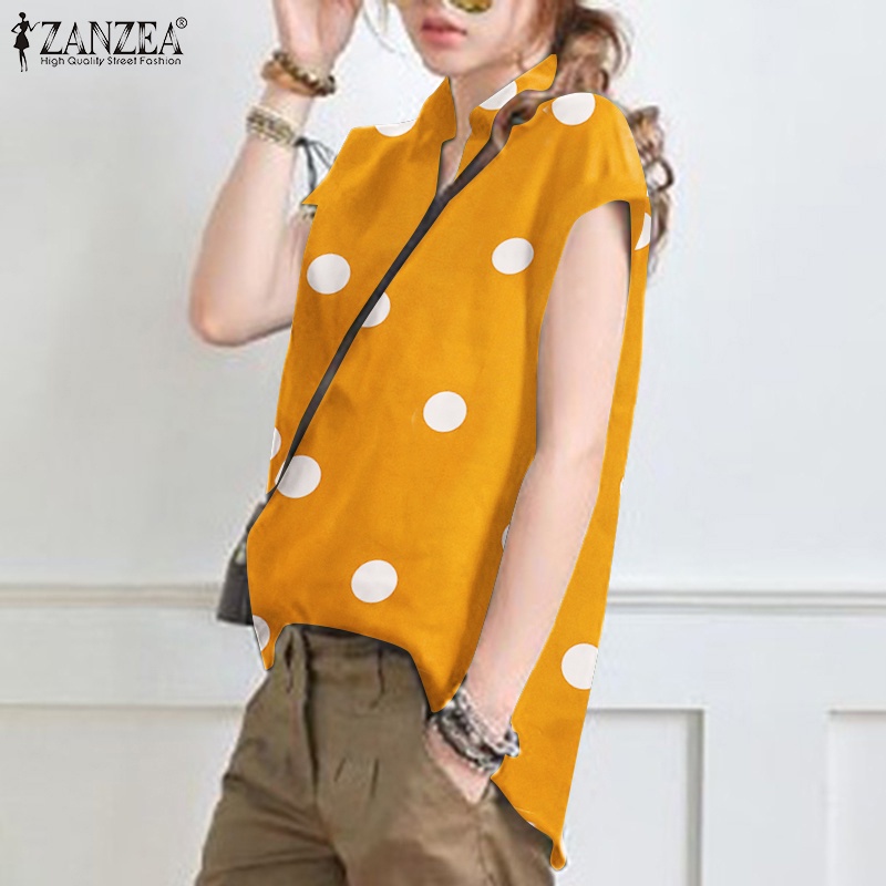 Áo sơ mi ZANZEA tay ngắn cổ bẻ họa tiết chấm bi phong cách Vintage dành cho nữ
