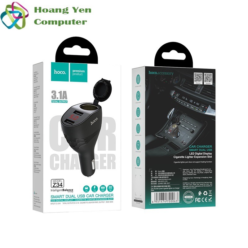 Cốc Sạc Xe Hơi Hoco Z34 2 Cổng Sạc USB, 1 Cổng Mồi Thuốc - BH 1 Năm - Hoàng Yến Computer
