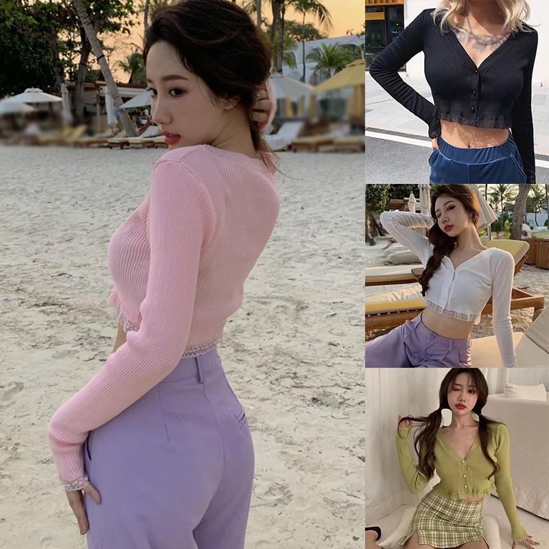 Áo Len Dệt Kim Tay Dài Phối Ren Kiểu Dáng Quyến Rũ Cho Nữ | BigBuy360 - bigbuy360.vn