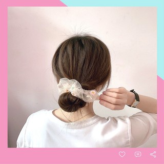 Dây cột tóc vải lưới Scrunchies thêu hoa cúc họa mi HOT TREND SC02