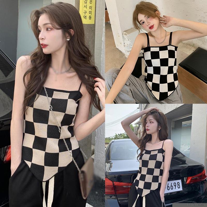 Áo dệt kim hai dây họa tiết sọc caro trọng lượng nhẹ thời trang cho nữ