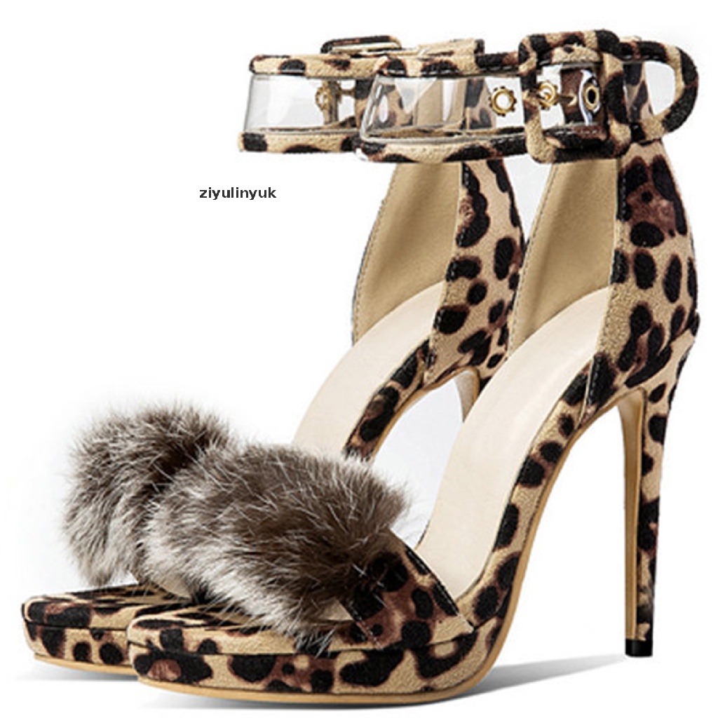 【yuk】 Womens Leopard Print Stilettos Open Toe Platform Heels with Buckle .