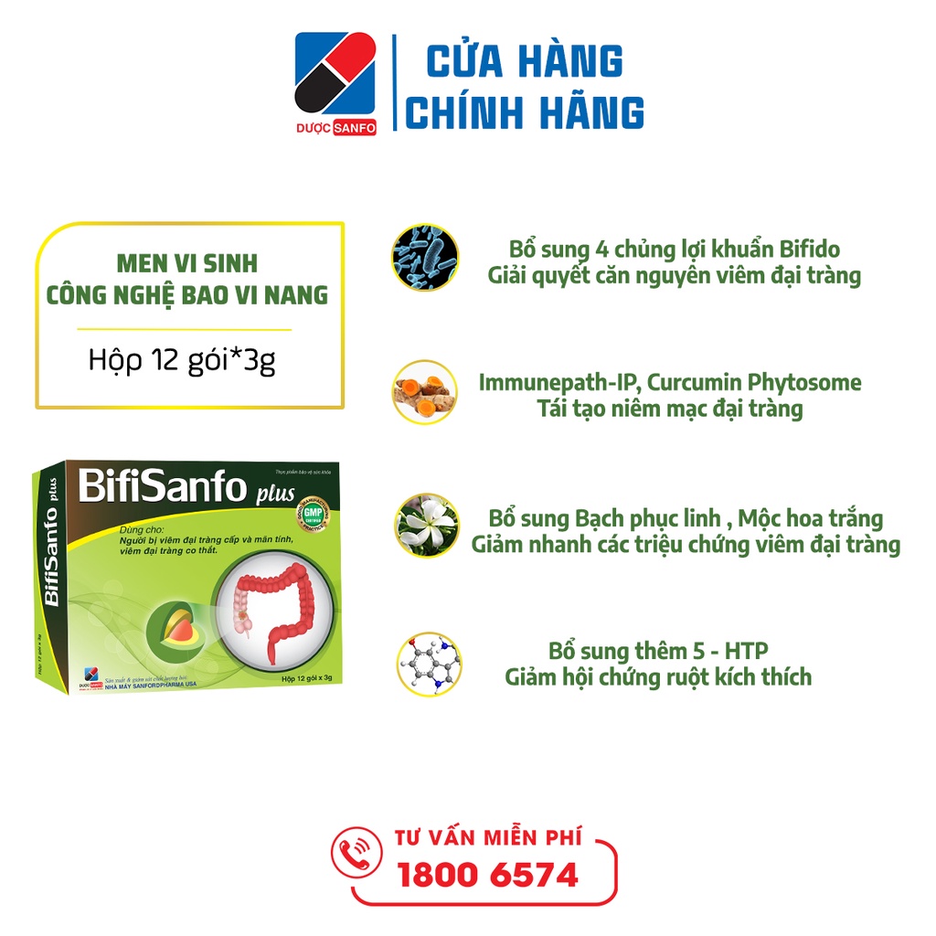 Men vi sinh Bifisanfo Plus hỗ trợ điều trị viêm đại tràng, hội chứng ruột kích thích hiêu quả hộp 30 gói