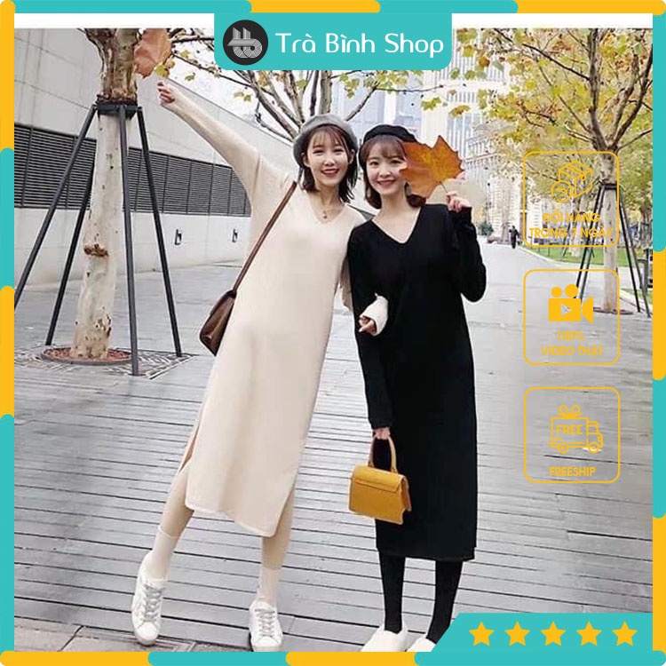Váy len cổ tim dài tay Đầm nữ chất len đũa hai màu hàng VNXK