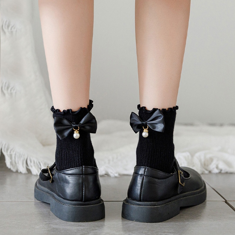 Vớ Cotton Cổ Cao Đính Nơ Phối Bèo Nhún Phong Cách Lolita Cho Nữ