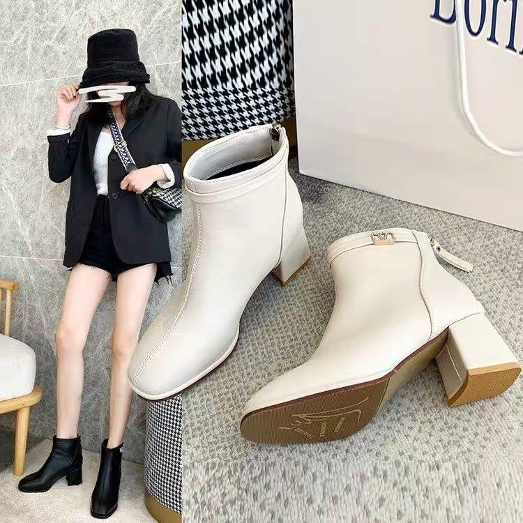Giày Boot Nữ, Giày Boot Cổ Thấp Gót Cao 5 Cm Siêu Đẹp Da Mềm Hai Màu Đen - Kem Trắng Hàng Cao Cấp Minhtushoes Shop | BigBuy360 - bigbuy360.vn