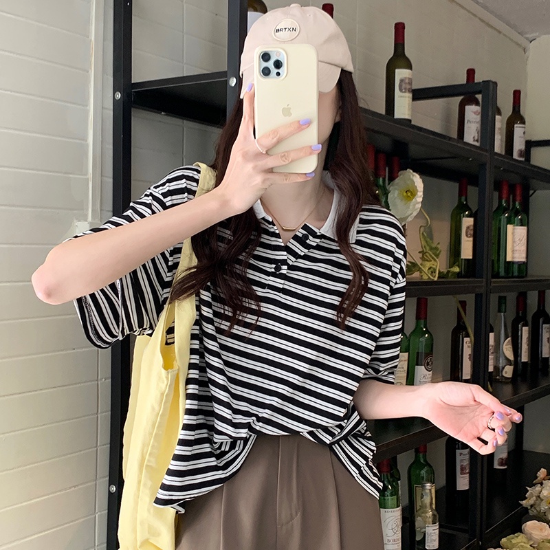 Áo thun SUXI ngắn tay dáng rộng họa tiết kẻ sọc màu tương phản phong cách Hàn Quốc thời trang mùa hè cho nữ