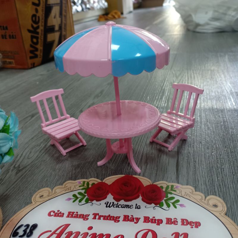 Bộ Bàn Ghế Ngoài Trời Có Ô Che bằng nhựa cho búp bê 1/8,ob11