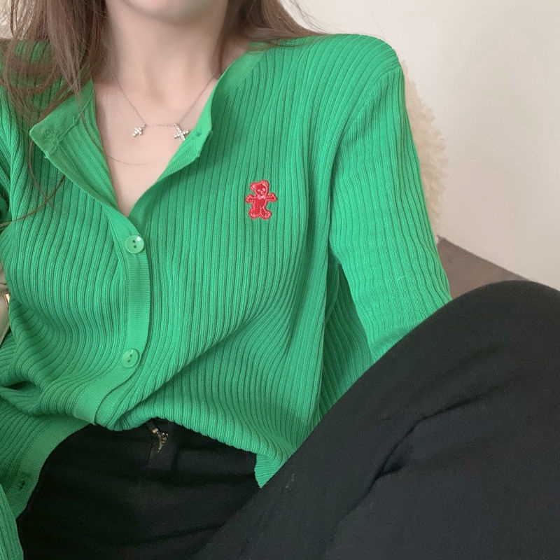 Áo khoác cardigan dệt kim mỏng tay dài thiết kế ngắn thêu hình chú gấu xinh xắn